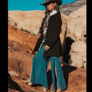 Black Old West Suede Jacket cutout fringe long leather size small